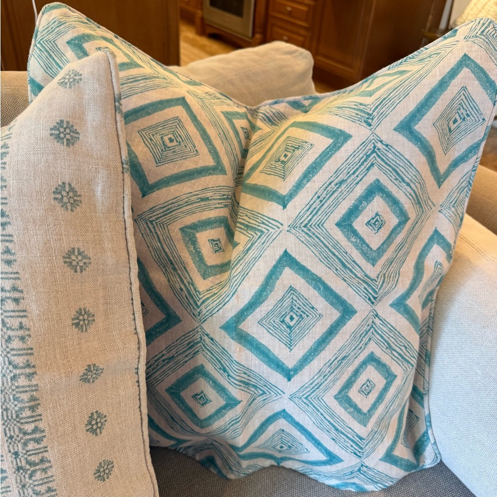 Turquoise and Cream Patterned Throw Pillows - Picture 6 of 8